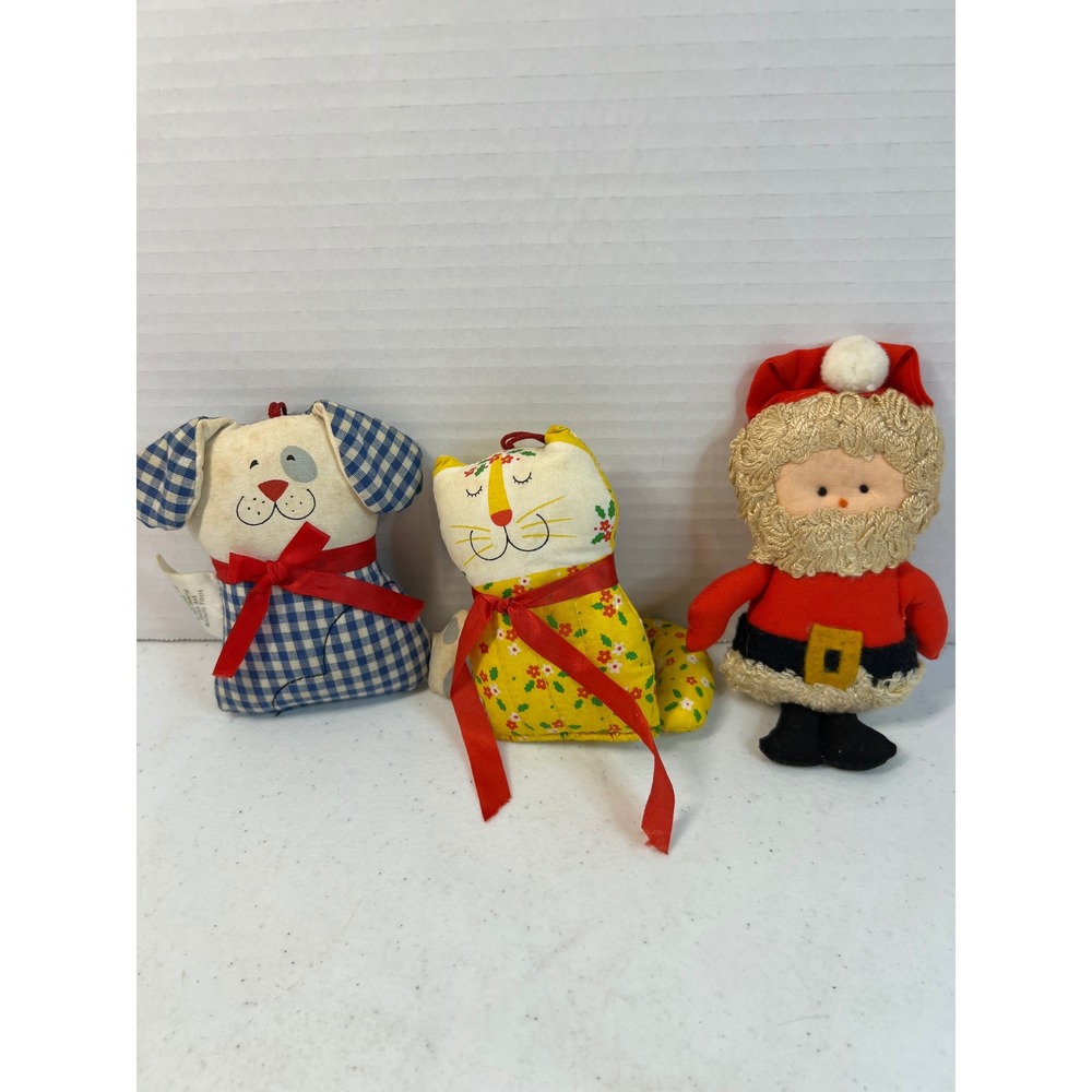 Vintage 1981 Hallmark Fabric Ornaments Puppy Kitten Santa Set of 3 Gift Trim